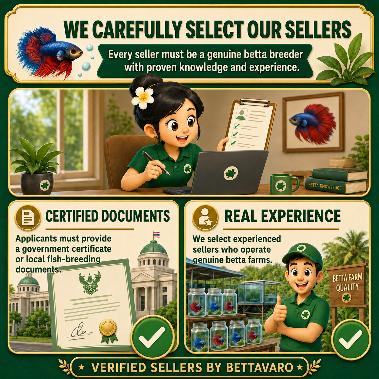 Illustrated seller application review with farm information and supporting documents