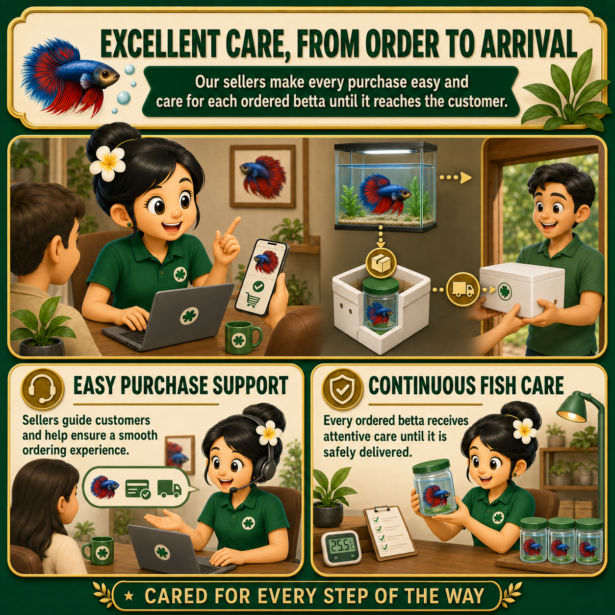 Illustrated seller assisting a buyer and preparing a fish for shipping handoff