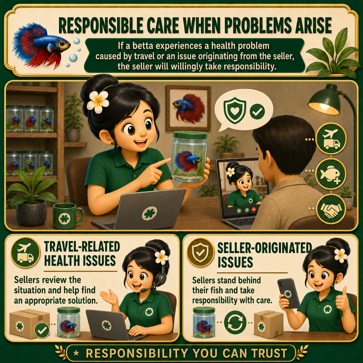 Illustrated buyer discussing a fish health or arrival concern with a seller