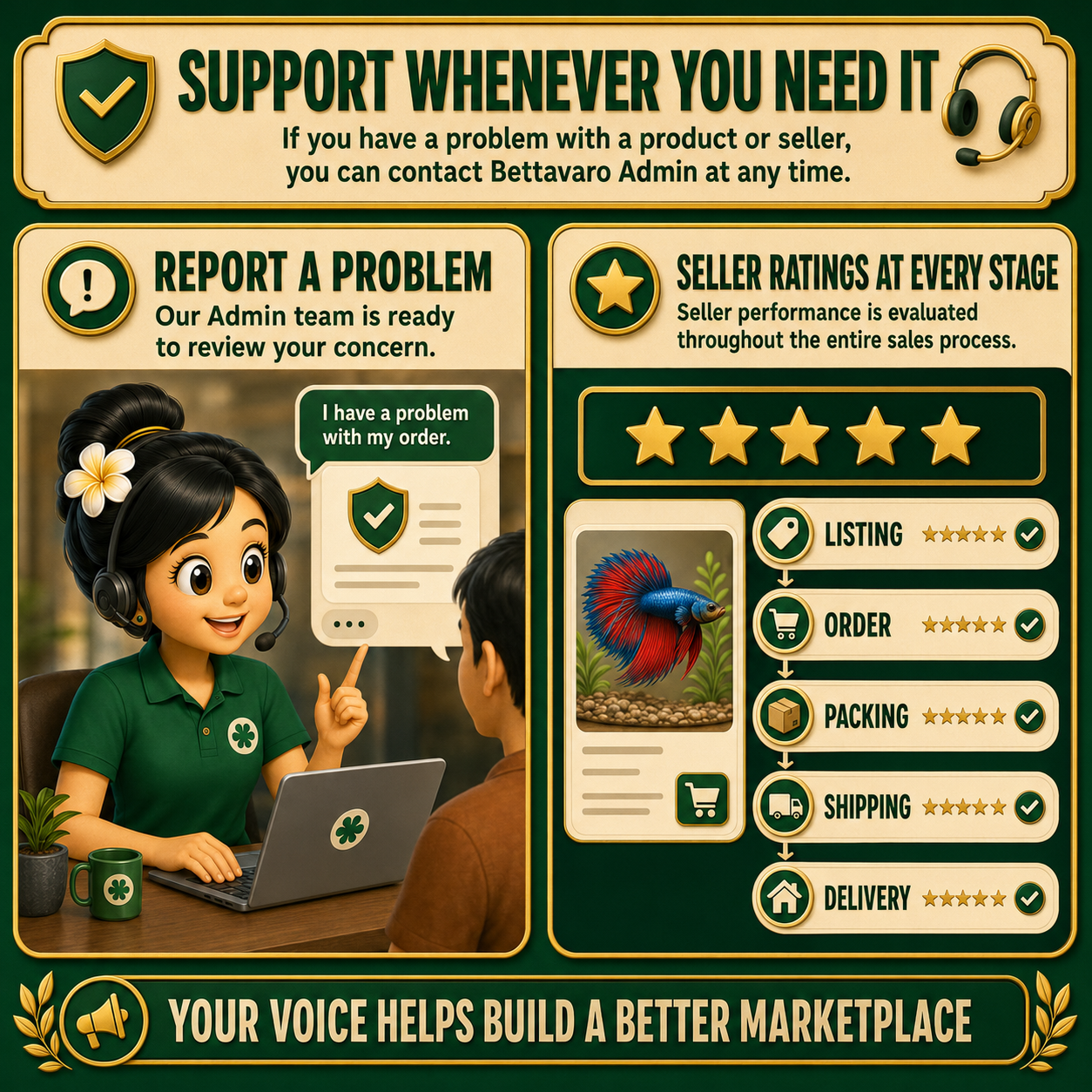 Illustrated customer support conversation and seller review interface