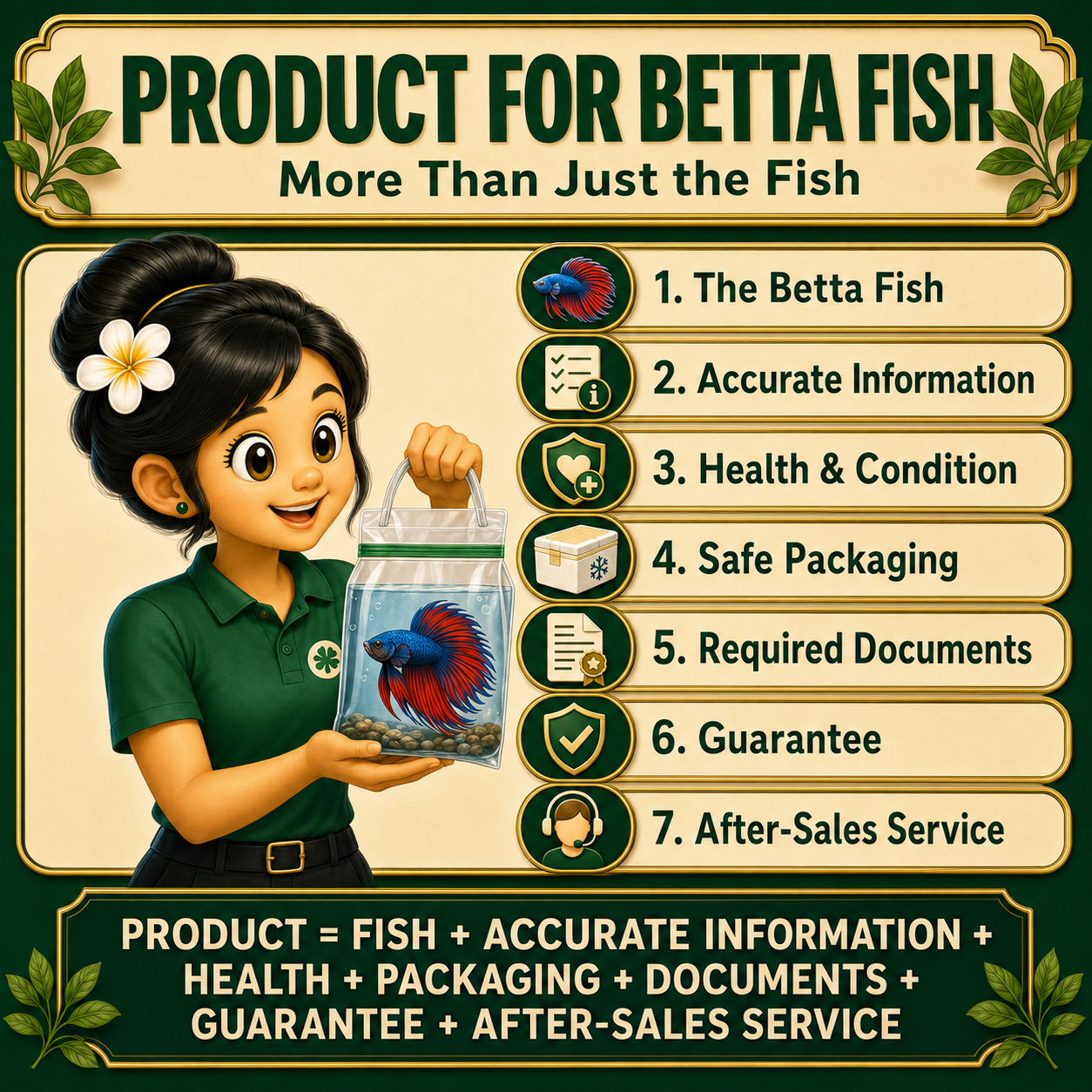Product strategy for betta fish covering accurate information, health, packaging, documents, guarantees and service
