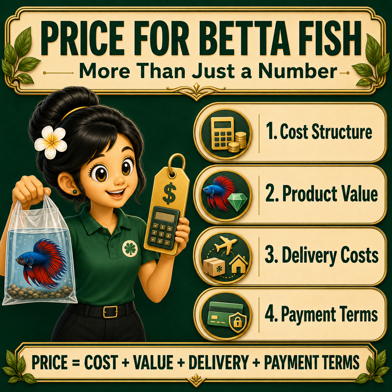 Betta fish pricing strategy showing cost structure, product value, delivery costs and payment terms