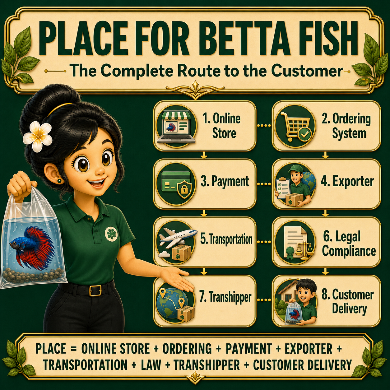 International betta fish distribution route from online store and ordering through exporter, transport, compliance, trans-shipper and buyer delivery