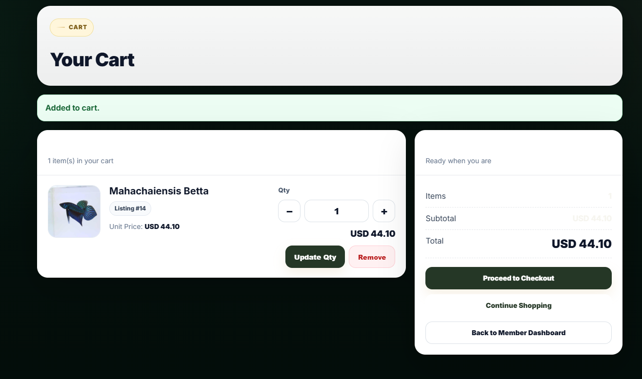 Bettavaro cart showing one selected listing and quantity controls