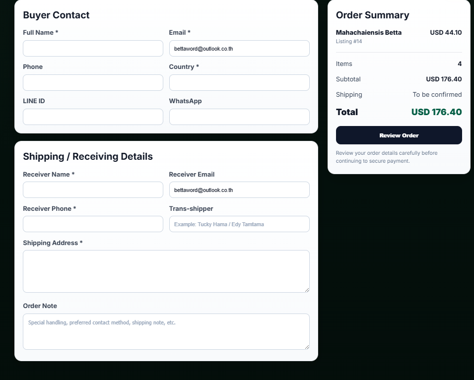 Checkout form with buyer contact, receiving details, order summary and Review Order button