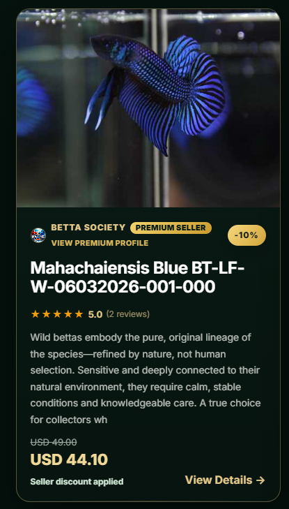 Eligible betta fish listing card with displayed price, seller discount and View Details link
